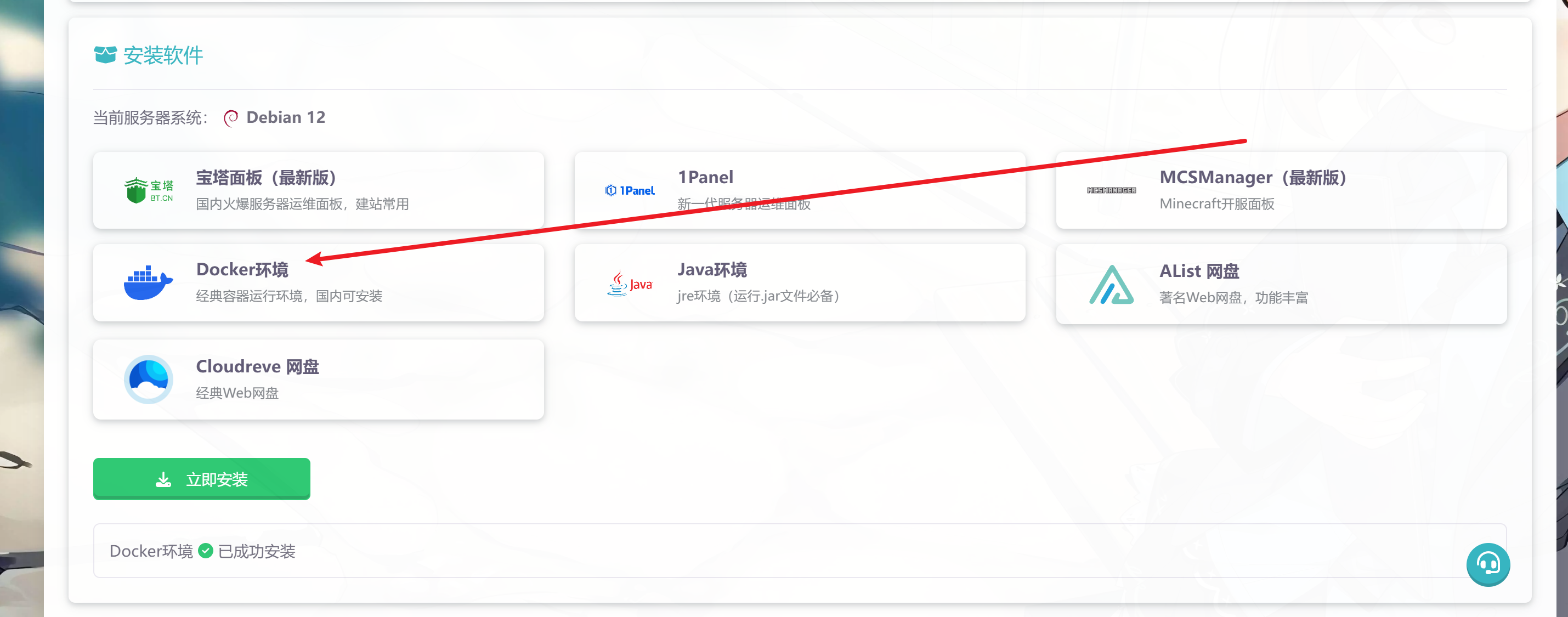 雨云控制面板 - 确认Docker安装